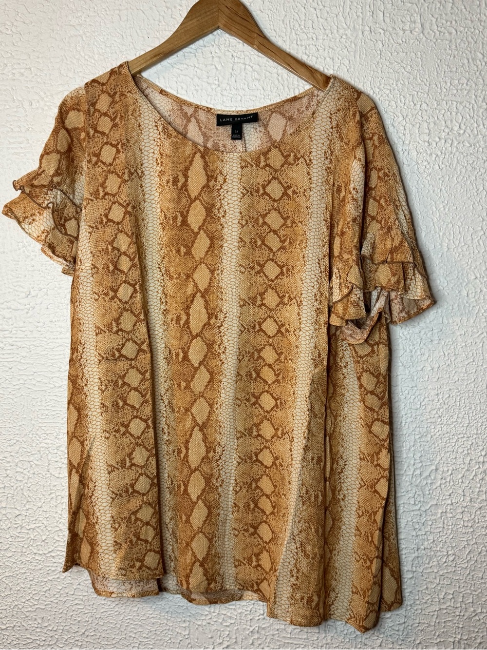 Lane Bryant Tan Snake-Print Ruffle Sleeve Top
